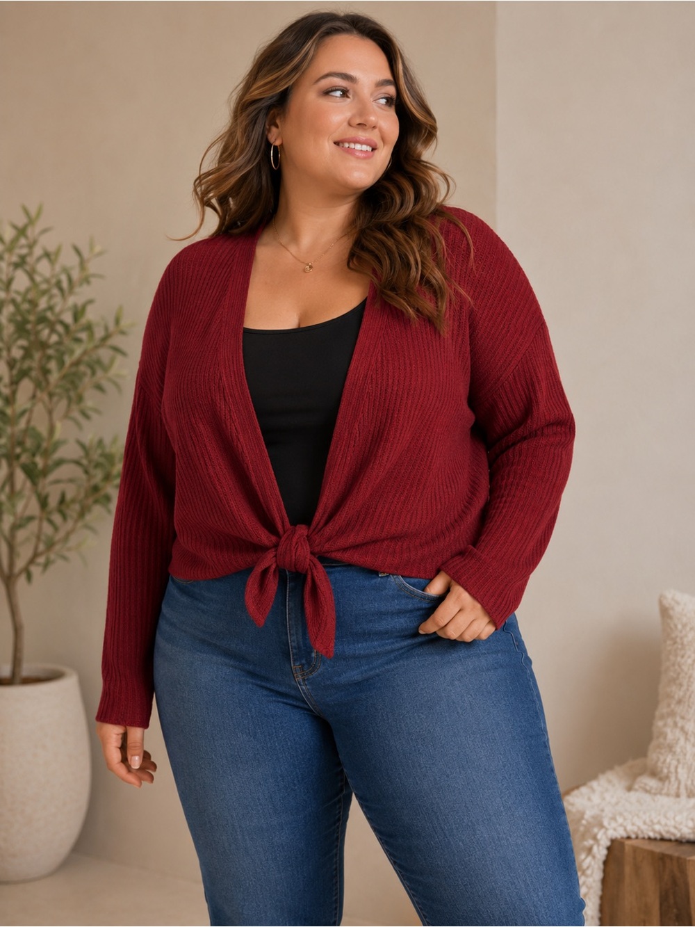 Lane Bryant Burgundy Ribbed Tie Front Cardigan Sweater Plus Size 14/16 Open Knit